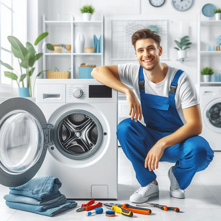 KI-generiertes Bild eines Technikers an einen Waschmaschine